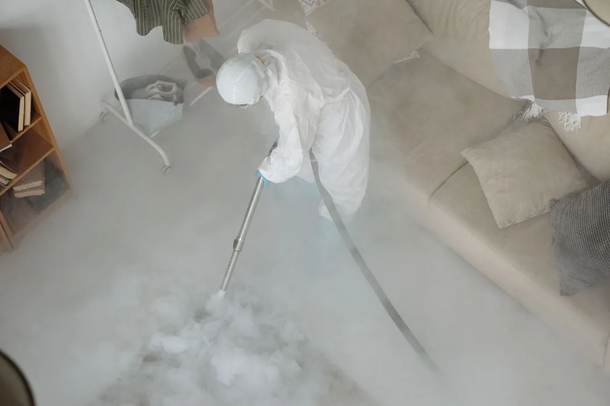 Biohazard cleanup technician in protective equipment, Dentsville, SC